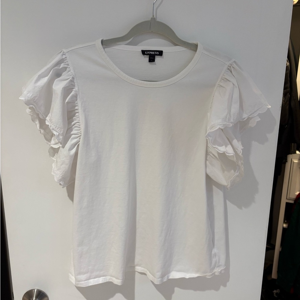 Express White Ruffled Short Sleeve Blouse